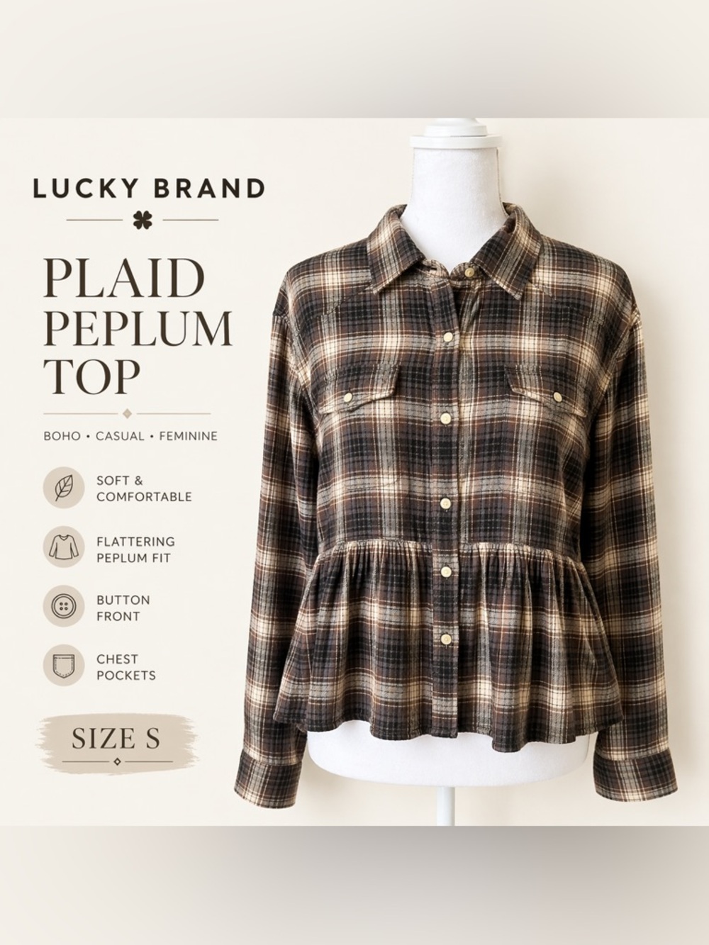 Lucky Brand Plaid Peplum Top Boho Button Front Long Sleeve Brown Cream Size S